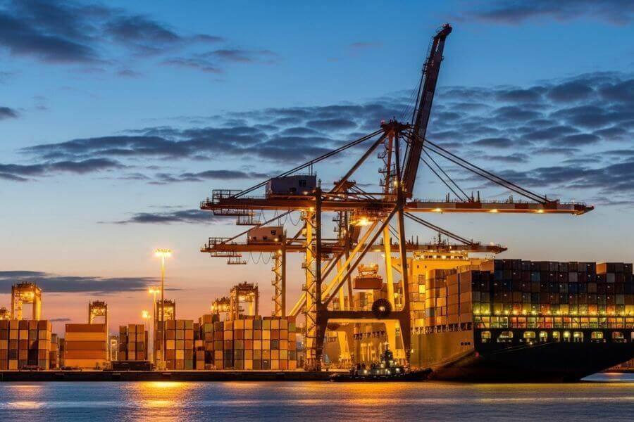 Operación portuaria de comercio exterior al atardecer